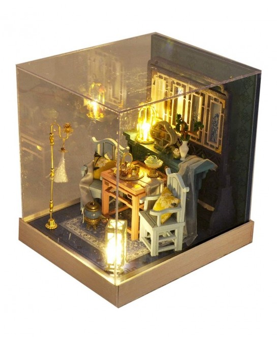 DIY Miniature and Furniture Dollhouse Kit Mini 3D Wooden Doll House Craft Model Chinese-Style with Dust Cover and LED Creativ...