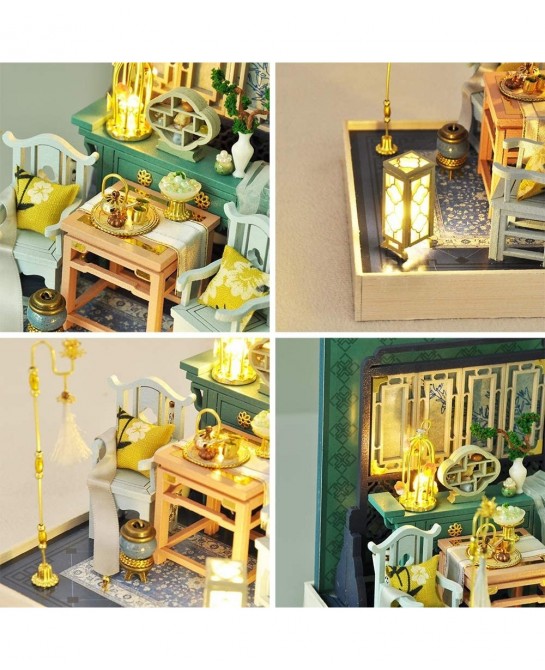 DIY Miniature and Furniture Dollhouse Kit Mini 3D Wooden Doll House Craft Model Chinese-Style with Dust Cover and LED Creativ...