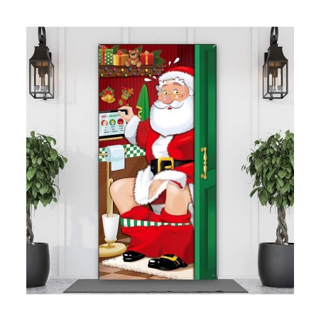 Christmas Party Decorations Funny Christmas Santa Restroom Door Cover Fabric Santa Restroom Backdrop Background Banner for Ch...