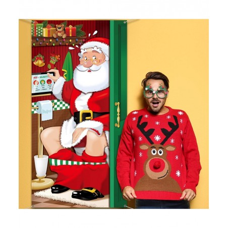 Christmas Party Decorations Funny Christmas Santa Restroom Door Cover Fabric Santa Restroom Backdrop Background Banner for Ch...