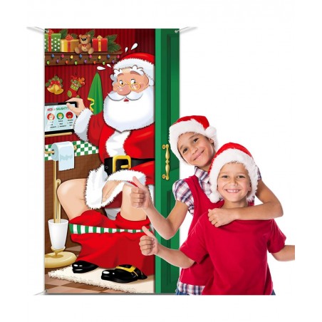 Christmas Party Decorations Funny Christmas Santa Restroom Door Cover Fabric Santa Restroom Backdrop Background Banner for Ch...