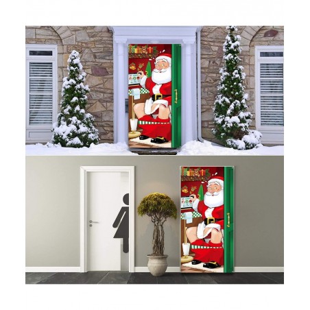 Christmas Party Decorations Funny Christmas Santa Restroom Door Cover Fabric Santa Restroom Backdrop Background Banner for Ch...