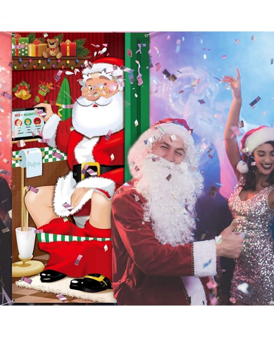 Christmas Party Decorations Funny Christmas Santa Restroom Door Cover Fabric Santa Restroom Backdrop Background Banner for Ch...