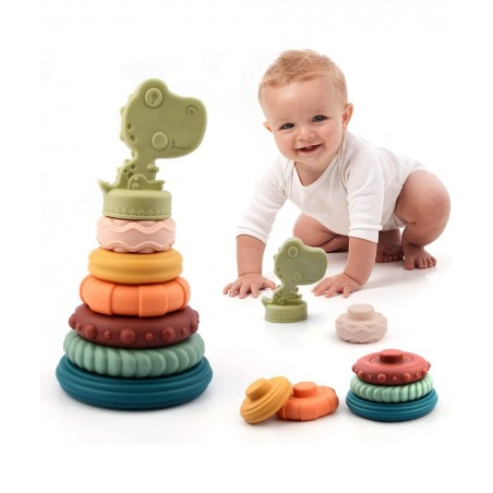 7Pcs Dinosaur Baby Stacking Toys Nesting Circle Toy Soft Building Rings Stacker & Teethers Squeeze Play with Early Educationa...