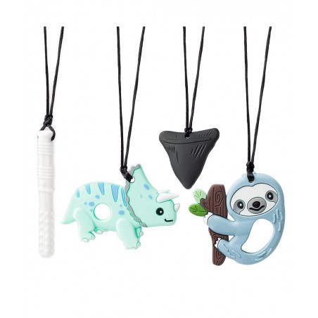 4Pcs Sensory Chew Necklaces Sloth Teether Food Grade Silicone Shark Tooth Teething Chewing Toy Dinosaur Chewable Pendant for ...