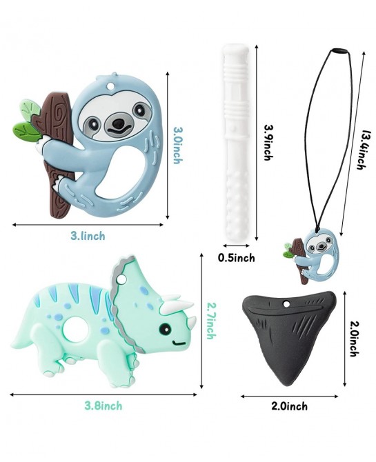 4Pcs Sensory Chew Necklaces Sloth Teether Food Grade Silicone Shark Tooth Teething Chewing Toy Dinosaur Chewable Pendant for ...