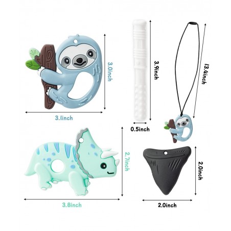 4Pcs Sensory Chew Necklaces Sloth Teether Food Grade Silicone Shark Tooth Teething Chewing Toy Dinosaur Chewable Pendant for ...