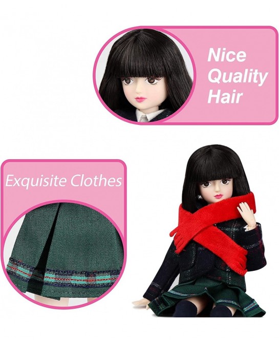 10 inch 1/6 Scale Student Series Ball Jointed Doll with Black Hair Wearing British Style School Uniform Socks Shoes 18 Flexib...