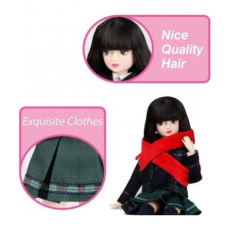 10 inch 1/6 Scale Student Series Ball Jointed Doll with Black Hair Wearing British Style School Uniform Socks Shoes 18 Flexib...