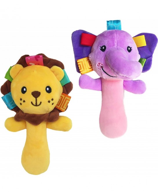 Cartoon Stuffed Animal Baby Soft Plush Hand Rattle Squeaker Sticks for Toddlers - Elephant and Lion $17.66 Baby Rattles & Plu...