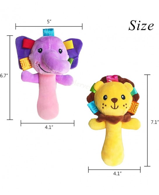 Cartoon Stuffed Animal Baby Soft Plush Hand Rattle Squeaker Sticks for Toddlers - Elephant and Lion $17.66 Baby Rattles & Plu...