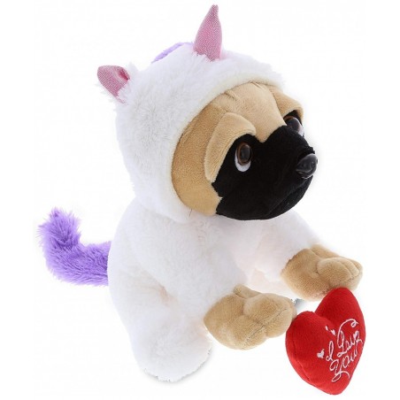 I Love You Pug Dog Unicorn Plush – Cute Dog Stuffed Animal with Red Heart and with Name Personalization for Valentine Anniver...