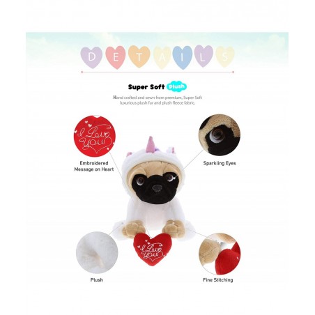 I Love You Pug Dog Unicorn Plush – Cute Dog Stuffed Animal with Red Heart and with Name Personalization for Valentine Anniver...