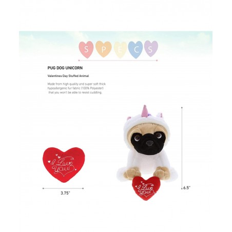 I Love You Pug Dog Unicorn Plush – Cute Dog Stuffed Animal with Red Heart and with Name Personalization for Valentine Anniver...
