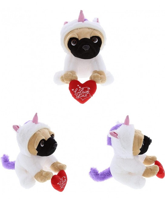 I Love You Pug Dog Unicorn Plush – Cute Dog Stuffed Animal with Red Heart and with Name Personalization for Valentine Anniver...