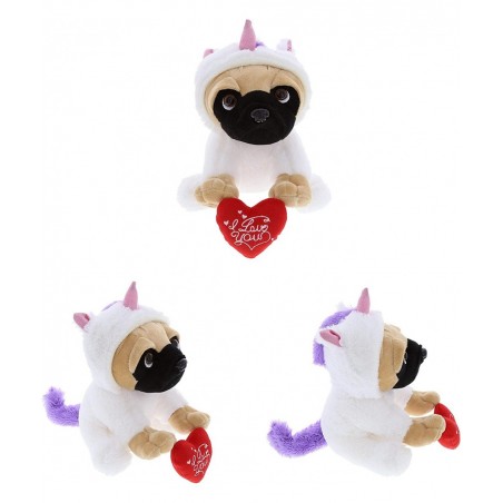 I Love You Pug Dog Unicorn Plush – Cute Dog Stuffed Animal with Red Heart and with Name Personalization for Valentine Anniver...