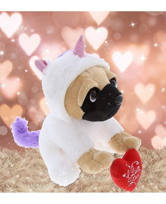 I Love You Pug Dog Unicorn Plush – Cute Dog Stuffed Animal with Red Heart and with Name Personalization for Valentine Anniver...