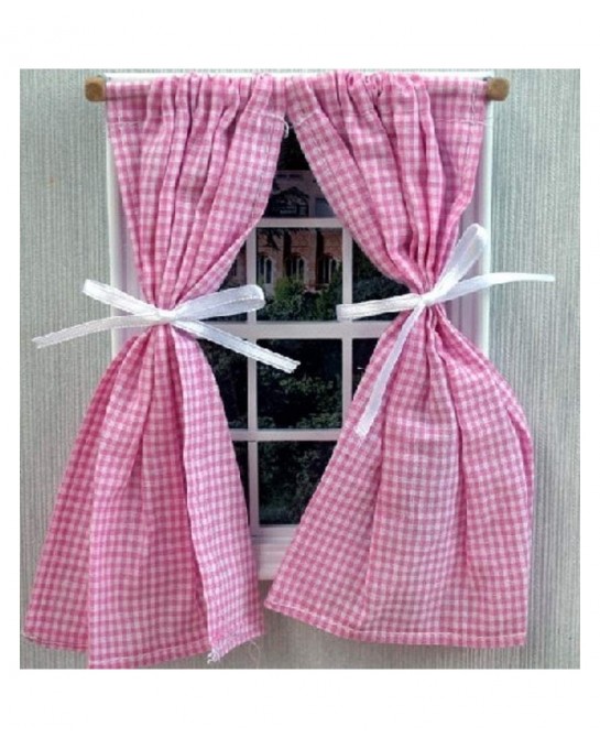 Dollhouse Pink Gingham Curtains on Rail Tied Back Miniature 1:12 Accessory $18.16 Dollhouse Accessories
