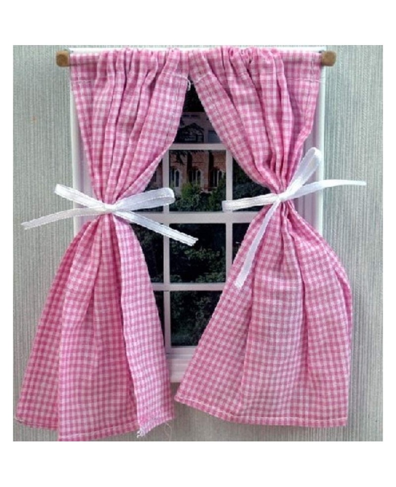 Dollhouse Pink Gingham Curtains on Rail Tied Back Miniature 1:12 Accessory $18.16 Dollhouse Accessories