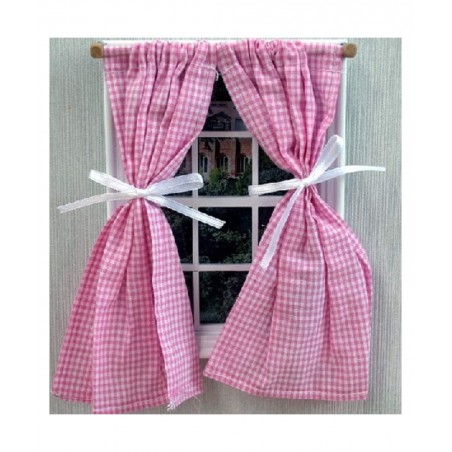 Dollhouse Pink Gingham Curtains on Rail Tied Back Miniature 1:12 Accessory $18.16 Dollhouse Accessories