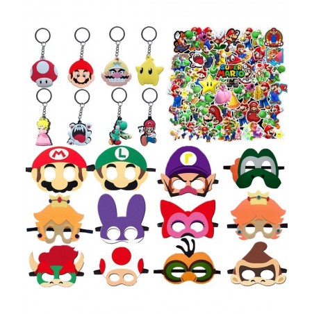 Mario Masks Birthday Party Favors Supplies Gift Set Include 12pcs Felt Masd 50 Stickers 8 Keychains Dress Up Costumes Cosplay...