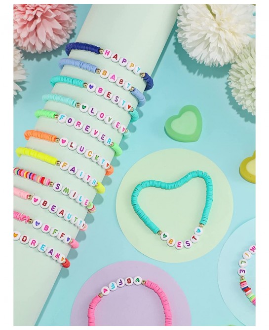 24 Pcs Colorful Kids Bracelet Adjustable Flat Beads Letter Heart Bracelets Friend Surfer Bracelets Stretch Beaded Bracelet Fr...