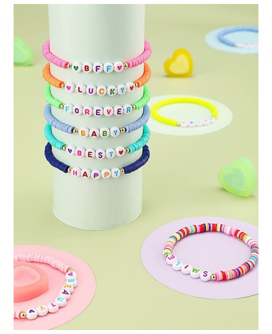 24 Pcs Colorful Kids Bracelet Adjustable Flat Beads Letter Heart Bracelets Friend Surfer Bracelets Stretch Beaded Bracelet Fr...