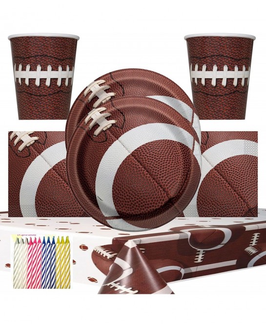 Football Party Supplies Pack Serves 16: 9" Plates Luncheon Napkins Cups and Table Cover with Birthday Candles (Bundle for 16)...