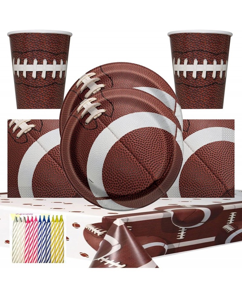 Football Party Supplies Pack Serves 16: 9" Plates Luncheon Napkins Cups and Table Cover with Birthday Candles (Bundle for 16)...