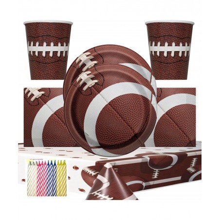 Football Party Supplies Pack Serves 16: 9" Plates Luncheon Napkins Cups and Table Cover with Birthday Candles (Bundle for 16)...