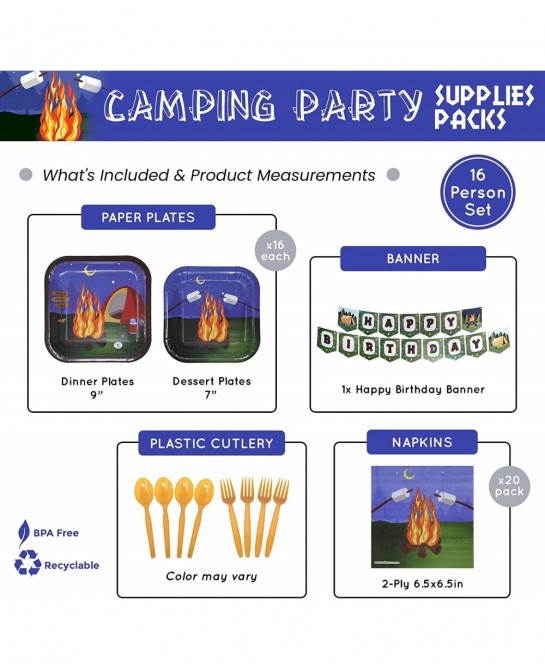 Camping Party Supplies Packs (101 Pieces for 16 Guests) - Camping Birthday Party Supplies Camping Plates and Napkins Smores P...