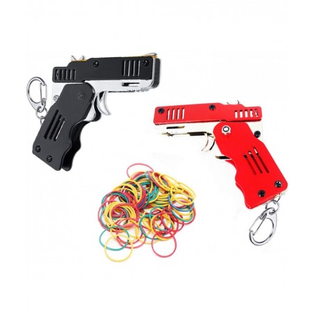 Firesofheaven 2 Pieces Rubber Band Gun Toy Easy Load Foldable Handmade Toy Gun Mini Metal Rubber Gun with Keychain and 200 El...