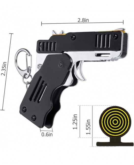 Firesofheaven 2 Pieces Rubber Band Gun Toy Easy Load Foldable Handmade Toy Gun Mini Metal Rubber Gun with Keychain and 200 El...