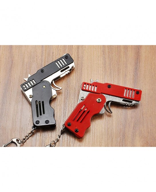 Firesofheaven 2 Pieces Rubber Band Gun Toy Easy Load Foldable Handmade Toy Gun Mini Metal Rubber Gun with Keychain and 200 El...
