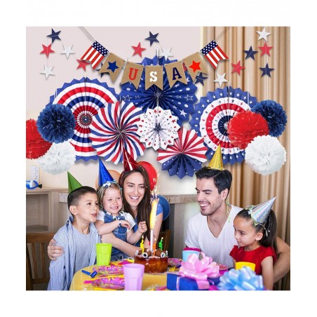 14 PSC Patriotic Party Decorations 4th of July American Flag Party Supplies Foldable Colorful Paper Fans Tissue Paper Pom Pom...