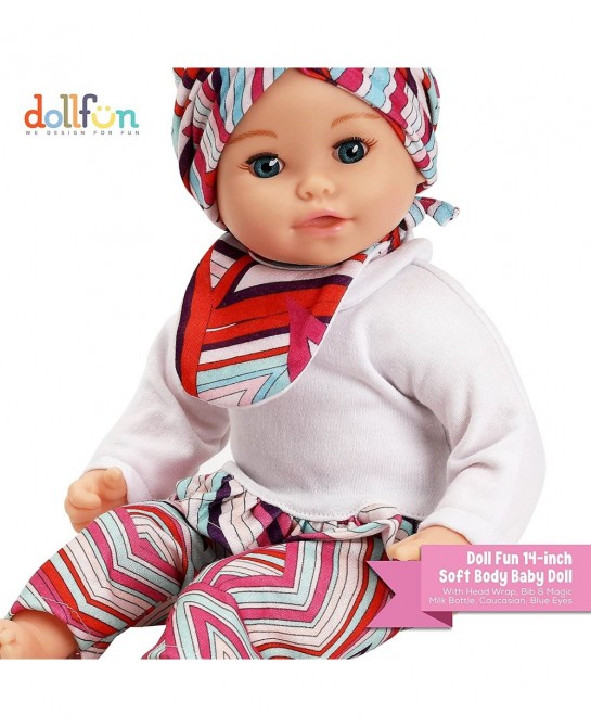 Hello Baby 14-inch Soft Body Baby Doll with Head Wrap Bib and Magic Milk Bottle Caucasian Blue Eyes… $43.08 Dolls