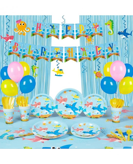 149pcs Shark Party Supplies Serves 16 Hanging Swirls Blue Fringe Curtains Tablecloth Included for Shark Birthday Decorations ...