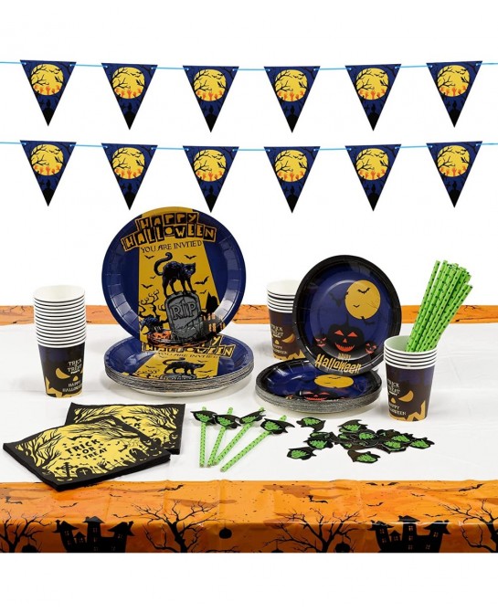 127PCS Halloween Party Supplies Set for 25 People Including Banner Tablecloth Plates Cups Napkins Straws Disposable Dinnerwar...