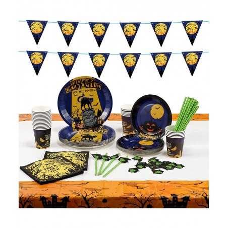 127PCS Halloween Party Supplies Set for 25 People Including Banner Tablecloth Plates Cups Napkins Straws Disposable Dinnerwar...