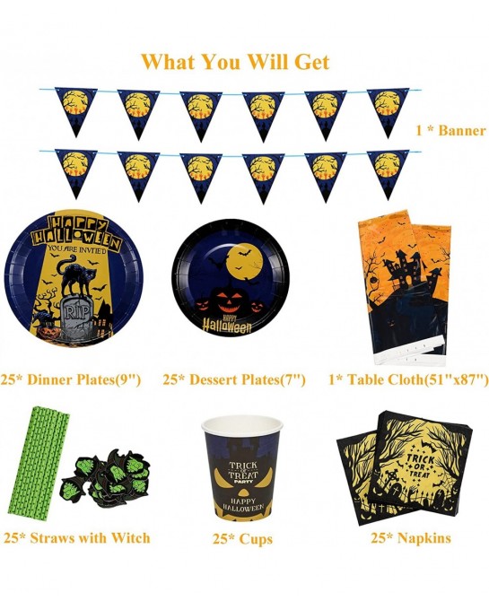127PCS Halloween Party Supplies Set for 25 People Including Banner Tablecloth Plates Cups Napkins Straws Disposable Dinnerwar...