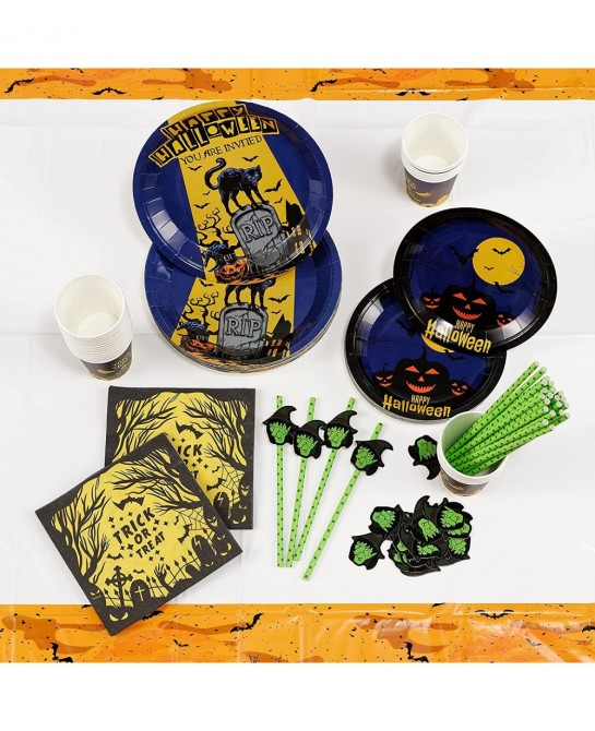 127PCS Halloween Party Supplies Set for 25 People Including Banner Tablecloth Plates Cups Napkins Straws Disposable Dinnerwar...
