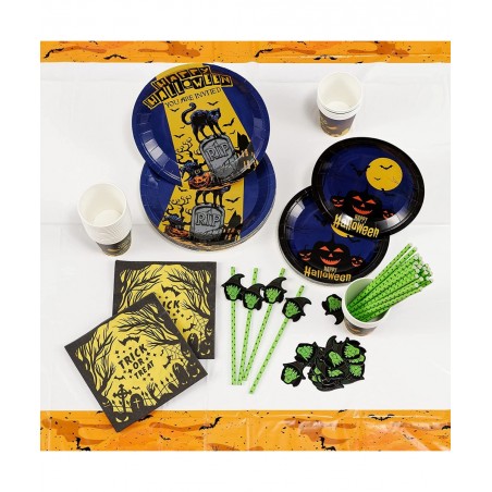 127PCS Halloween Party Supplies Set for 25 People Including Banner Tablecloth Plates Cups Napkins Straws Disposable Dinnerwar...