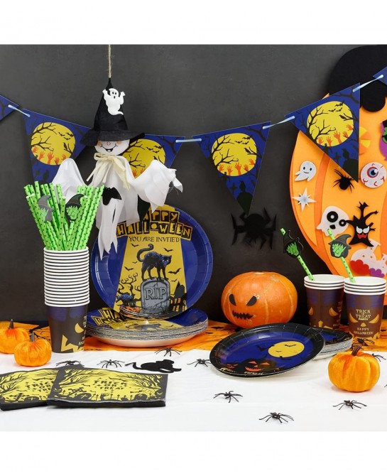 127PCS Halloween Party Supplies Set for 25 People Including Banner Tablecloth Plates Cups Napkins Straws Disposable Dinnerwar...