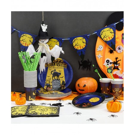 127PCS Halloween Party Supplies Set for 25 People Including Banner Tablecloth Plates Cups Napkins Straws Disposable Dinnerwar...