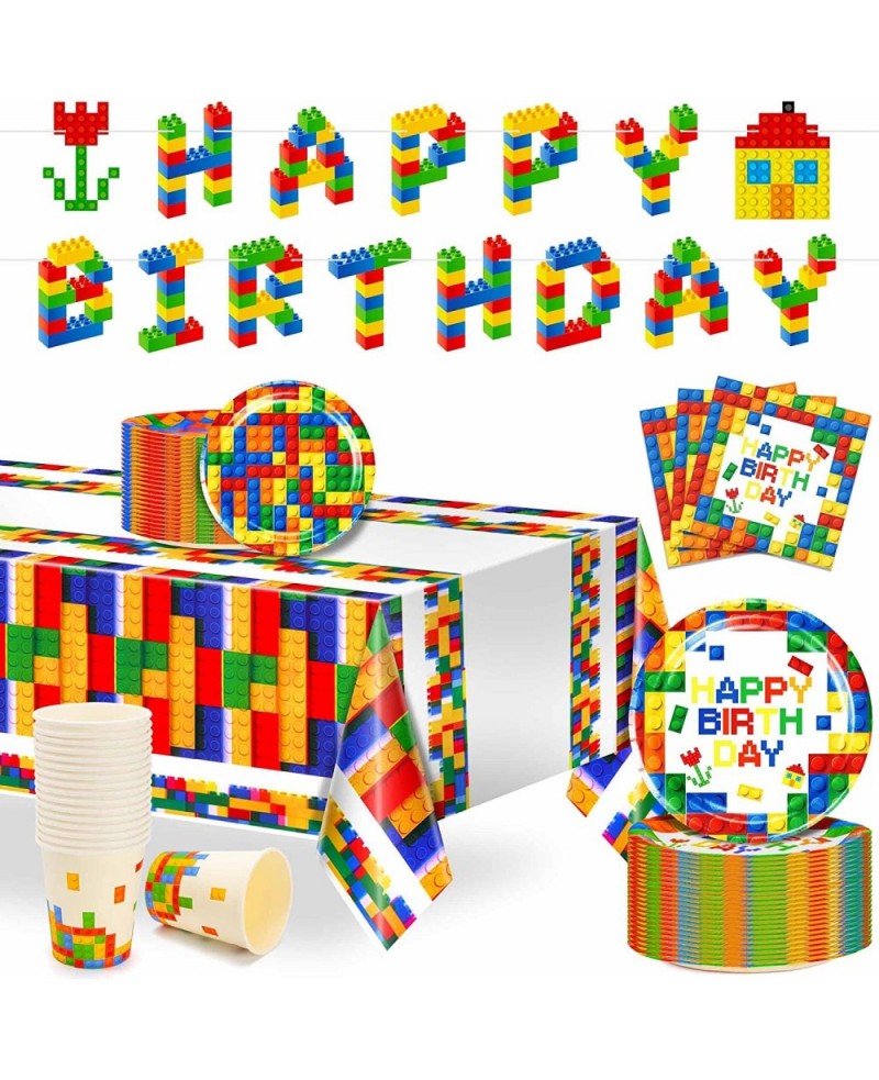 102 Pcs Building Blocks Birthday Party Supplies Tableware Tablecloth Decorations Set Serves 25 Includes 9" & 7" Plates Napkin...