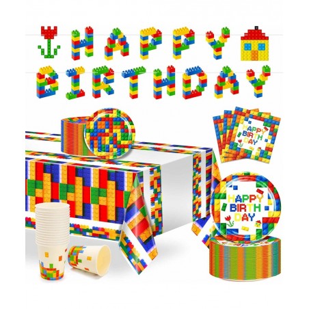 102 Pcs Building Blocks Birthday Party Supplies Tableware Tablecloth Decorations Set Serves 25 Includes 9" & 7" Plates Napkin...