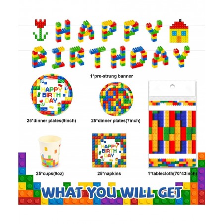 102 Pcs Building Blocks Birthday Party Supplies Tableware Tablecloth Decorations Set Serves 25 Includes 9" & 7" Plates Napkin...