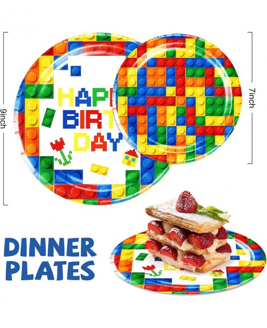 102 Pcs Building Blocks Birthday Party Supplies Tableware Tablecloth Decorations Set Serves 25 Includes 9" & 7" Plates Napkin...