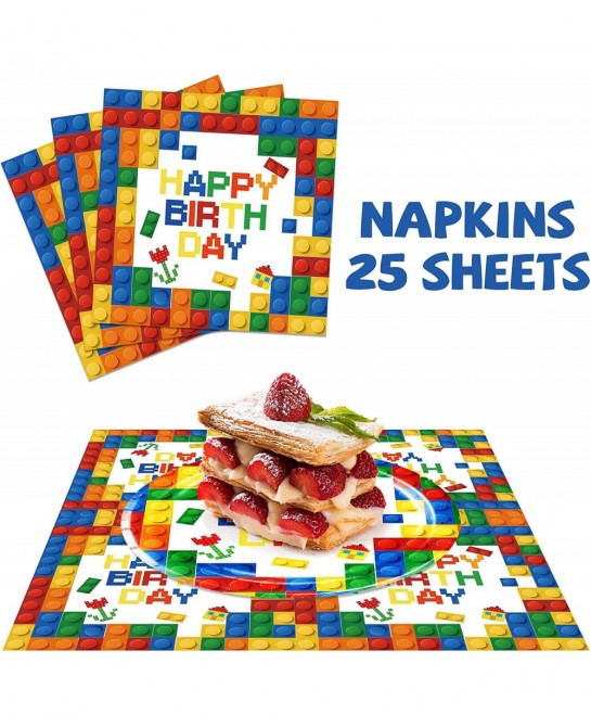 102 Pcs Building Blocks Birthday Party Supplies Tableware Tablecloth Decorations Set Serves 25 Includes 9" & 7" Plates Napkin...