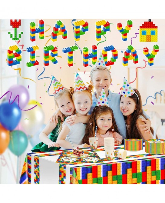 102 Pcs Building Blocks Birthday Party Supplies Tableware Tablecloth Decorations Set Serves 25 Includes 9" & 7" Plates Napkin...
